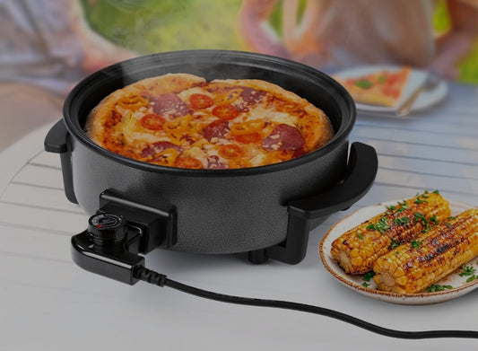 Padella elettrica per pizza con termostato, coperchio in vetro e rivestimento antiaderente, padella multifunzione con diametro di 40 cm e 1500 Watt, ideale per feste