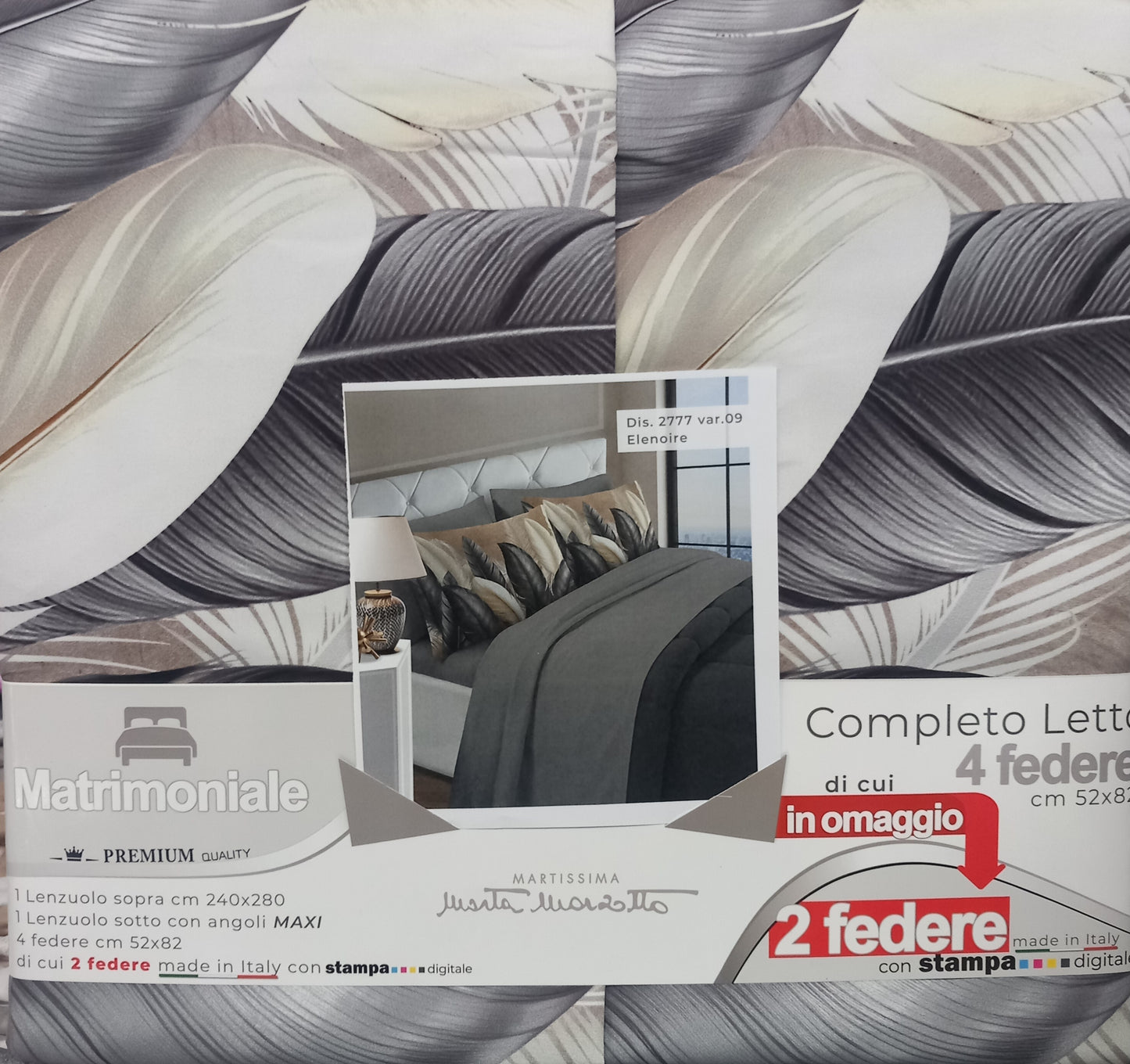 Completo letto matrimoniale in cotone con 4 federe di cui 2 stampa digitale.