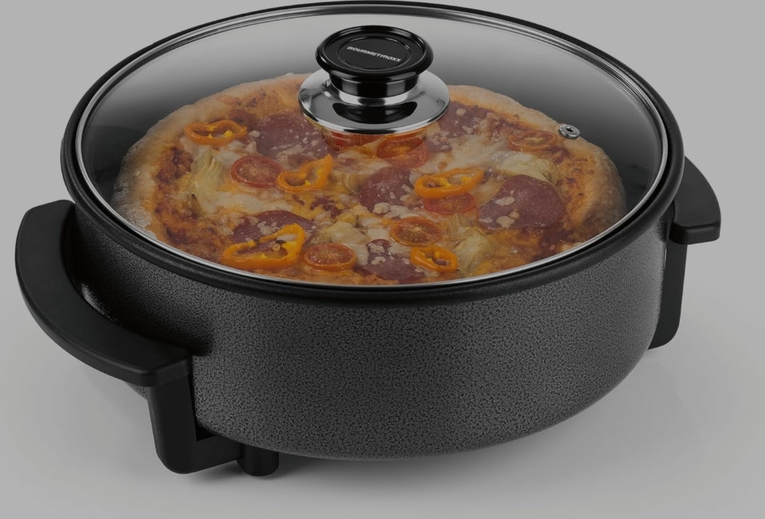 Padella elettrica per pizza con termostato, coperchio in vetro e rivestimento antiaderente, padella multifunzione con diametro di 40 cm e 1500 Watt, ideale per feste
