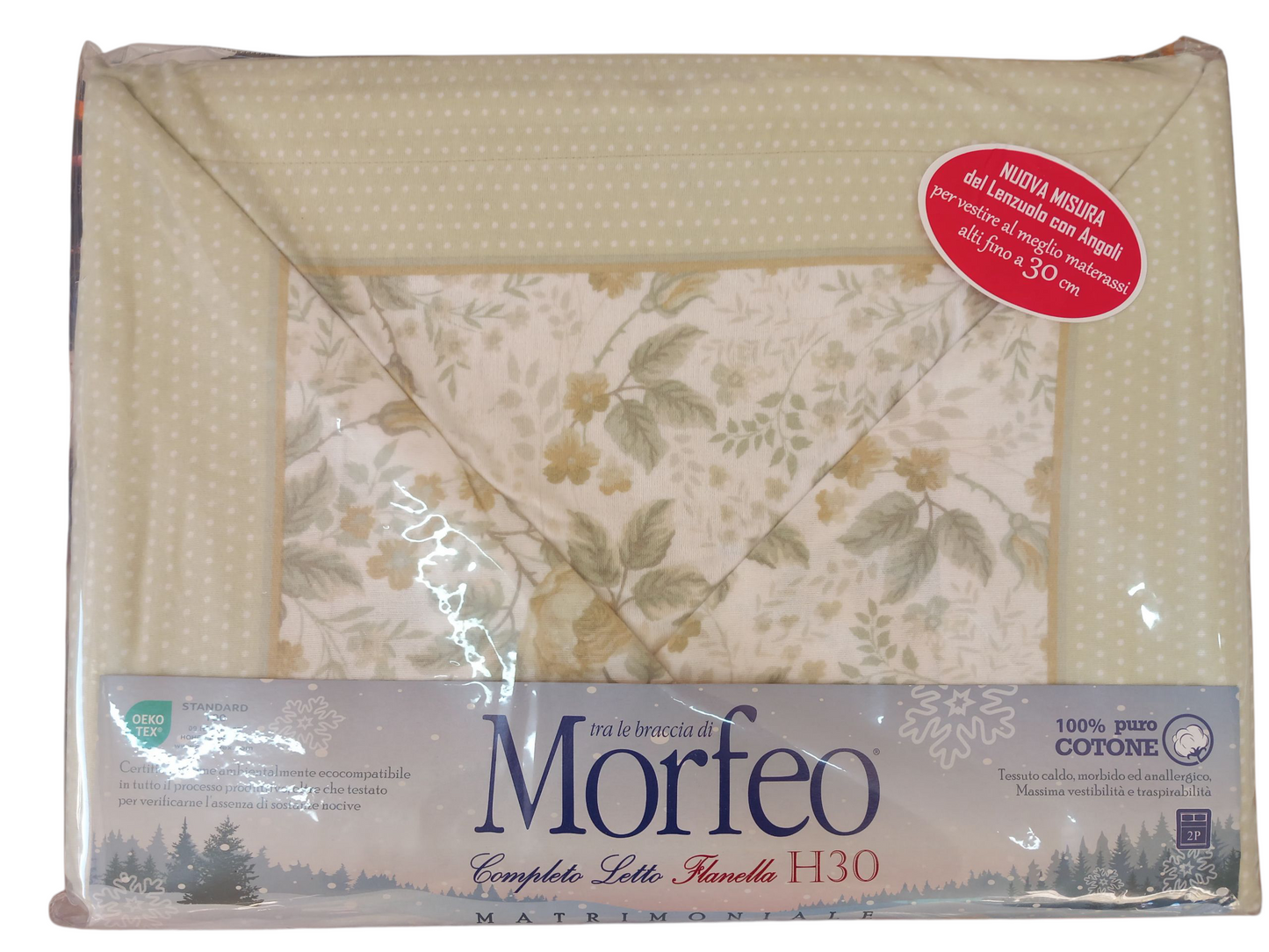 Completo letto matrimoniale in flanella altezza 30cm.