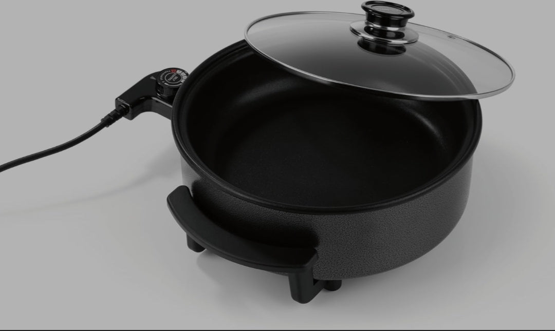 Padella elettrica per pizza con termostato, coperchio in vetro e rivestimento antiaderente, padella multifunzione con diametro di 40 cm e 1500 Watt, ideale per feste