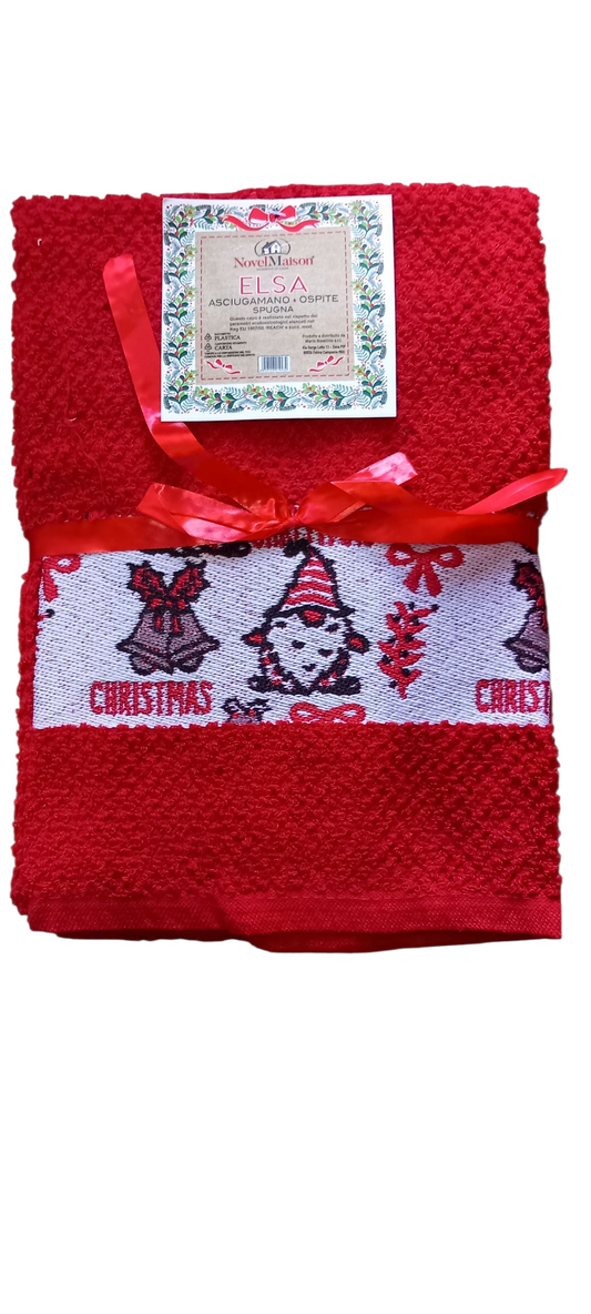 Coppia di asciugamani ospite+viso in spugna con greca natalizia.