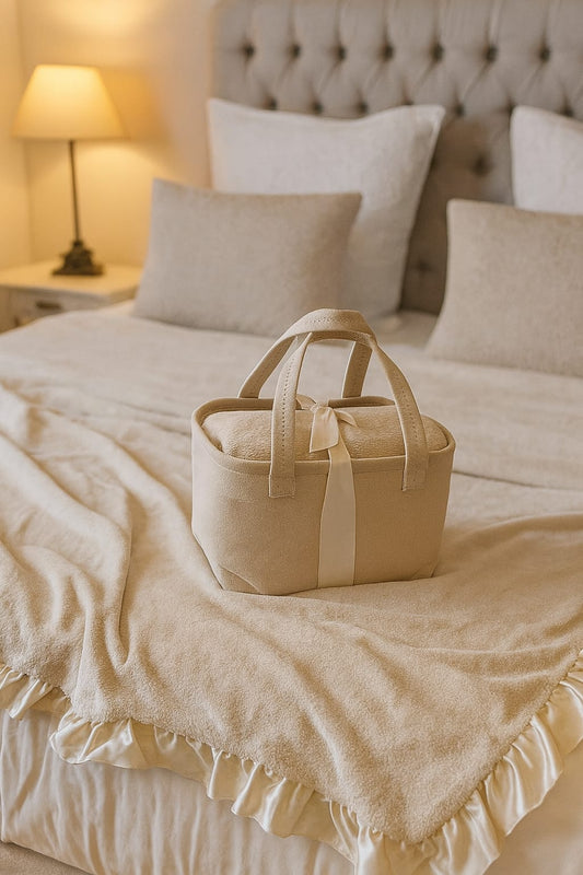 Plaid matrimoniale con volant in raso+borsa.